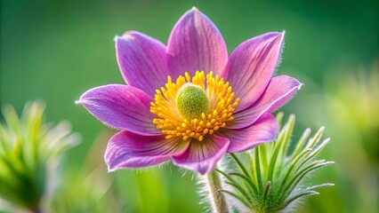 Obraz premium A single pink flower blooms in a green meadow, showcasing its delicate petals and intricate yellow center, bathed in the warm glow of sunlight.