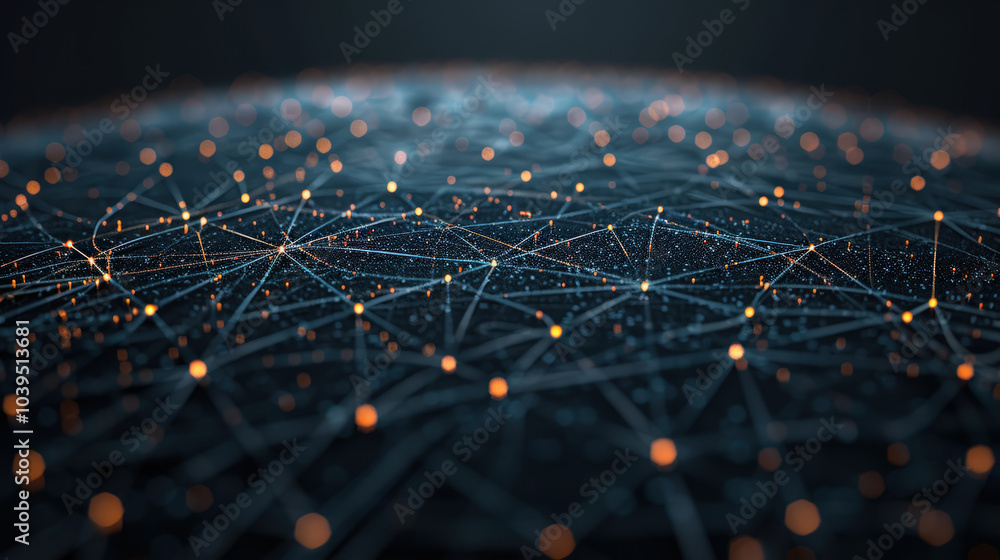 Poster mesmerizing abstract technology image showcasing network of glowing nodes interconnected by fine lin