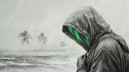  A man in a hooded jacket stands under a green light in the rain, palm trees forming a backdrop
