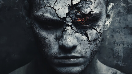 Obraz premium A man's face is cracked and broken, with a hint of fire glowing underneath. The image is a powerful metaphor for the fragility of the human spirit.