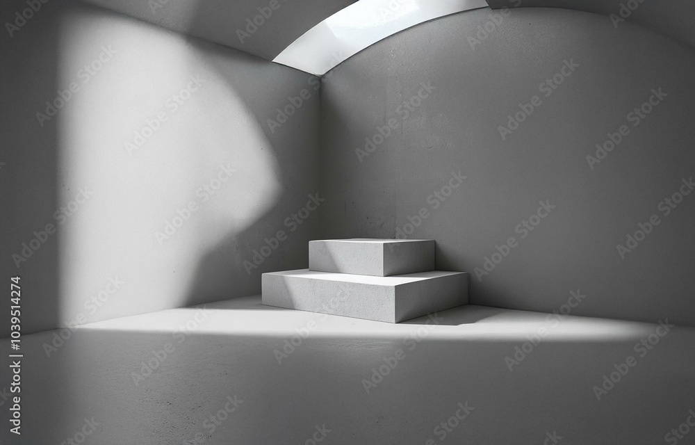 Aufkleber a minimalist grey room with a two-step platform in the corner. sunlight shines in from a window abov