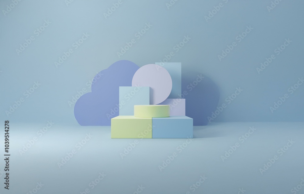 Aufkleber a cloud shaped cutout against a blue background with geometric shapes, creating a simple display sta