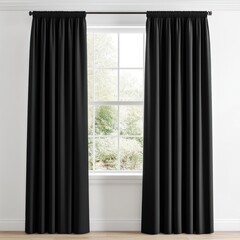 Black curtains framing a window with a view of greenery outside.