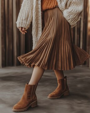 Fototapeta Cozy Fall Fashion, Woman in Pleated Midi Skirt, Chunky Knit Sweater, and Ankle Boots, Autumn Street Style, Layered Outfit for Cooler Weather, Trendy Seasonal Look, Casual Chic, Boho-Inspired Fall Styl
