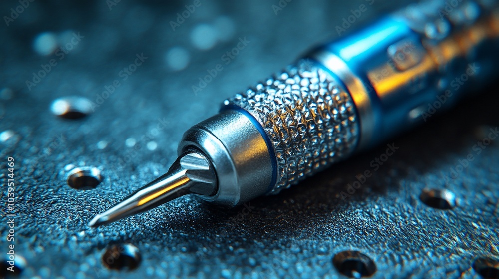 Poster closeup of a precision tool with a sharp tip, lying on a metal surface.