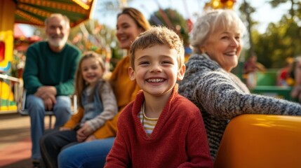 Joyful Family at Amusement Park with Children