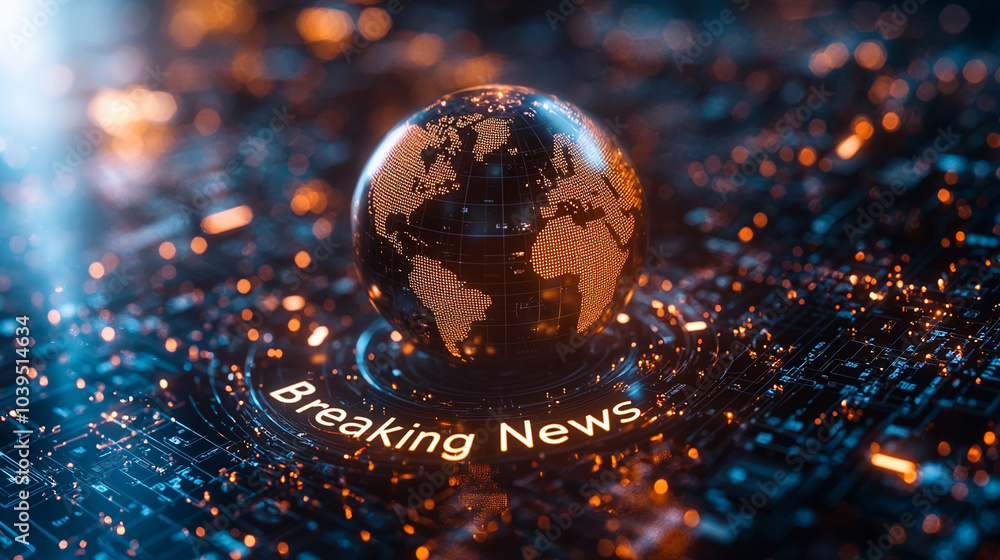 Poster breaking news a sleek and modern high-tech globe illuminated by data streams and global connectivity
