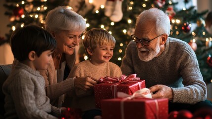 Family Gathering Around Christmas Tree Celebration