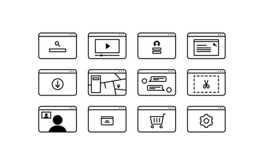 Website browser icon design collection. Black linear icons vector illustration.  