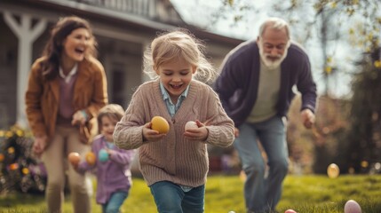 Family Celebrating Easter with Joyful Egg Hunt Outdoors