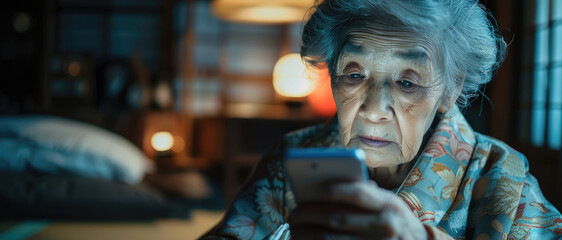 Fototapeta premium An elderly Japanese woman gently touching her smartphone with curiosity, her face softly lit by the device in a dimly-lit room.
