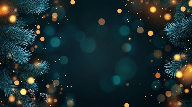 Festive background featuring sparkling lights and evergreen branches, creating a warm and inviting atmosphere for holiday celebrations.