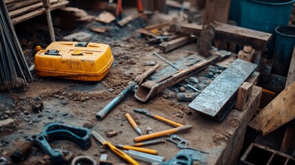 Close-up of construction tools like hammers, saws, and drills, emphasizing craftsmanship and tools of the trade.
