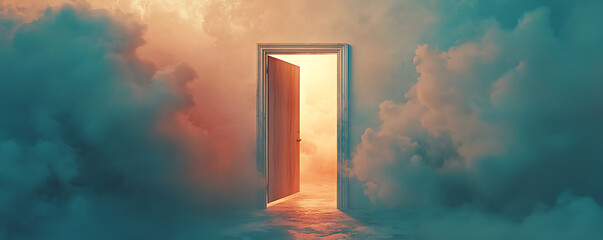  Open door leading to a dreamy sky through the clouds
