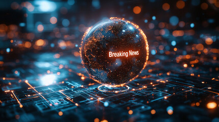 Innovative and sleek digital banner showcasing a high-tech globe with breaking news in a modern futuristic setting