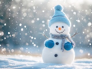 A cheerful snowman wearing a blue hat and scarf, surrounded by soft snowflakes falling gently in a winter wonderland.