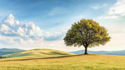 Obraz premium A solitary tree standing on a green hill against a clear blue sky with fluffy clouds.