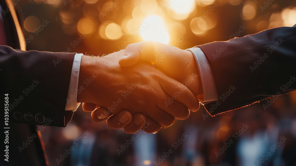 Wall mural close up of two businesspeople shaking hands, symbolizing partnership and agreement during sunset. w