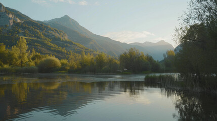 清澈的湖水和雄伟的山脉，夏天风景，自然爱好者和旅游爱好者的完美景观。