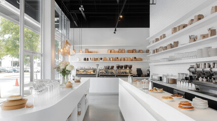 contemporary cafe bar featuring minimalist white counter, elegant glassware, and neatly arranged pastries. bright space is inviting and modern, perfect for enjoying coffee break