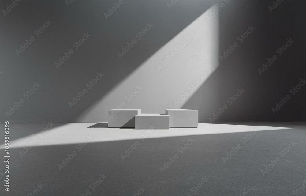 Poster three white square boxes are arranged on a white floor in front of a white wall with a diagonal shad