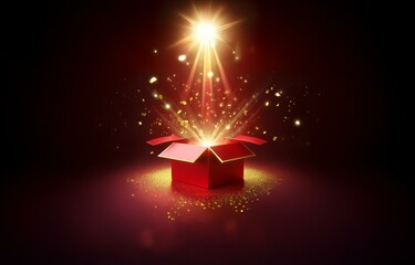 An open red box with a golden trim sits on a dark surface. Shining light and golden confetti erupt from inside the box.