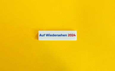 Goodbye 2024 Banner. Greetings, Motivational Phrase, Positive Emotion, Slogan, or Quote. Blue and Red Text on Block Letter Tile on Yellow Background.