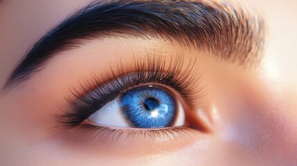 Fototapeta premium A tight shot of an eye with blue eyeshadow applied, featuring lengthy eyelashes framing it
