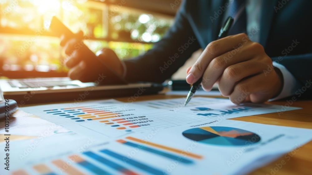 Poster analysis working financial results. analysis of sales forecast graphs, financial accounting abstract