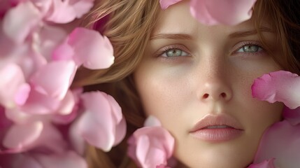 Fototapeta premium close-up Pink blooms surround her face; eyes open, gazing out Hair billows in wind