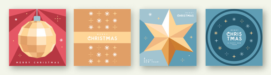 Set of Merry Christmas and Happy New Year greeting cards, covers or posters with holiday attributes. Christmas background. Flat design. Vector illustration