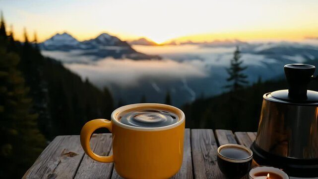 picturesque view featuring coffee mug maker set stunning backdrop forests mountains promoting travel althy lifestyle concept hot drink balefire forest mountain coffeemaker fire carpathians