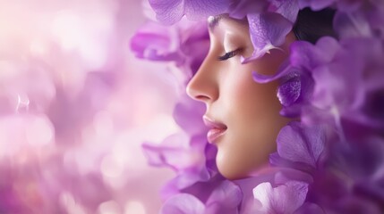 an indistinct woman's visage surrounded by flowers .