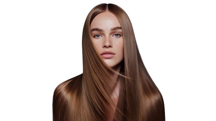 Portrait of a model girl with long straight shiny brown smooth healthy hair, natural beauty skin smooth skin for hair care and products, on transparent background, png