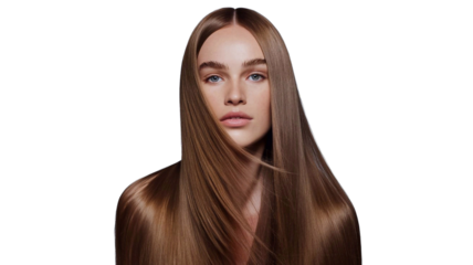Portrait of a model girl with long straight shiny brown smooth healthy hair, natural beauty skin smooth skin for hair care and products, on transparent background, png
