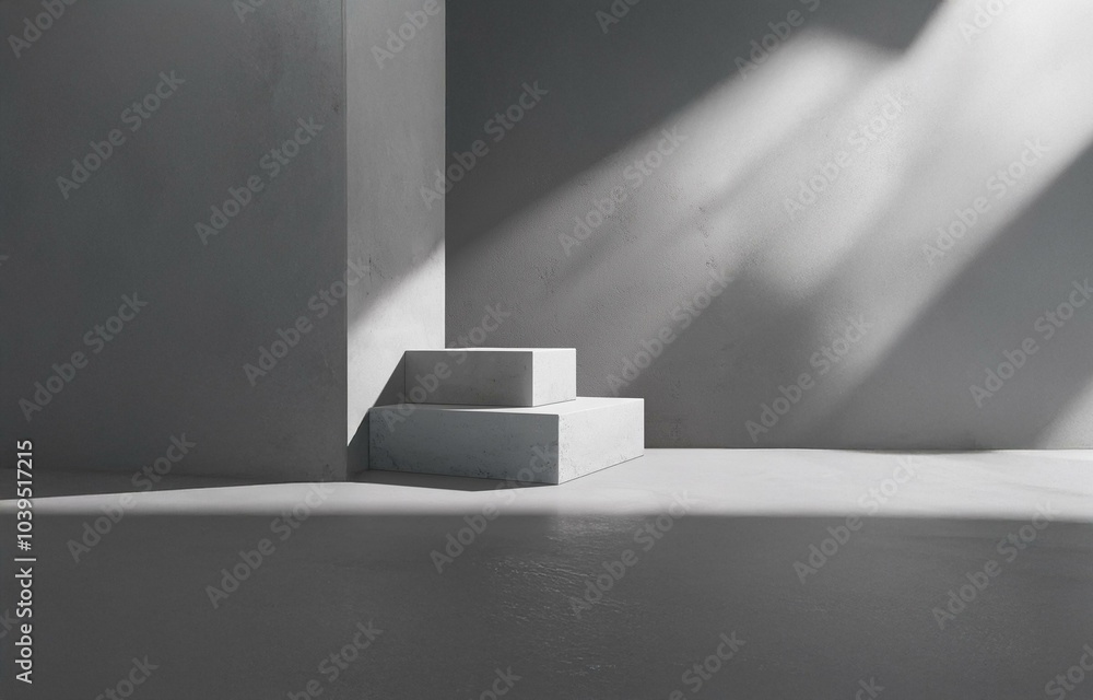 Poster two stacked white rectangular platforms sit in a minimal grey concrete room with light shining throu