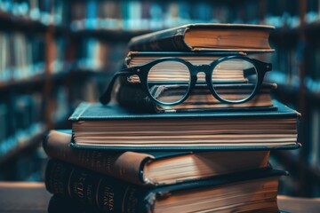 Stack of old books with eyeglasses is sitting on the table in the library, education concept