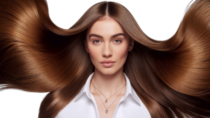 Portrait of a model girl with long straight shiny brown smooth healthy hair, natural beauty skin smooth skin for hair care and products, on transparent background, png