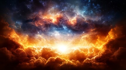  A clear-skied image featuring an abundance of clouds, with a central, radiant star at its heart