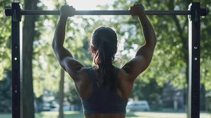 Fototapeta premium A female athlete doing pull-ups in a park, her strong arms visibly working as she powers through the exercise 