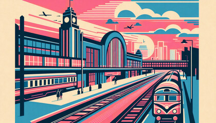 Colorful retro-modern illustration of a bustling train station with a dynamic city backdrop