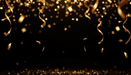 Golden confetti and ribbons falling against a dark background creating a festive atmosphere for celebrations