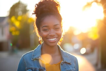 Radiant Joy: The Vibrant Charm of a Smiling African American Teen in Denim, generative ai