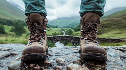 pair of sturdy hiking boots stands on rocky surface near stream, surrounded by lush green hills and stone bridge in background, evoking sense of adventure and exploration
