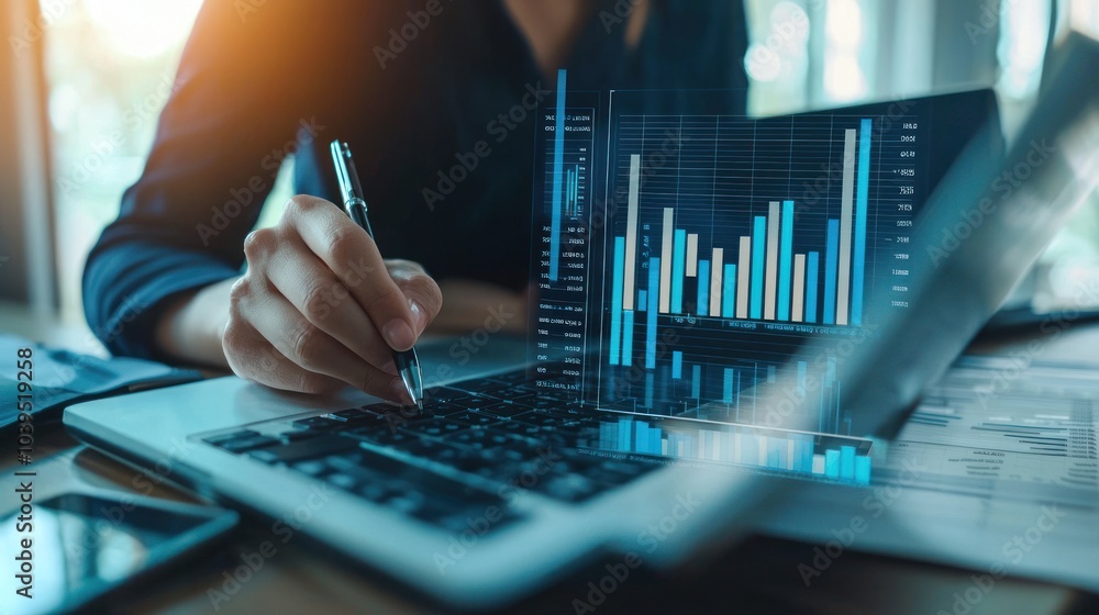 Poster analysis working financial results. analysis of sales forecast graphs, financial accounting abstract