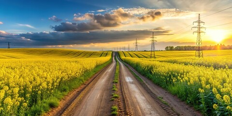 Obraz premium A vast canvas of yellow, interrupted by a dusty path and towering power lines.