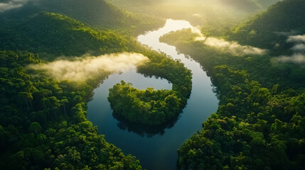 Aerial view of winding river surrounded by lush green forests and misty mountains, creating serene and tranquil landscape. vibrant greenery reflects beauty of nature