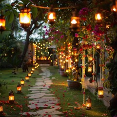 Peaceful Garden Area Decorated with Diwali Diyas, Hanging Lanterns, and Fresh Flowers for Outdoor