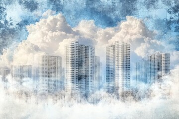 Surreal cityscape blending skyscrapers and clouds in a dreamlike abstract digital art evoking a sense of surrealism and atmospheric fantasy with a mix of reality and imagination