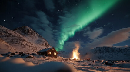 Fototapeta premium serene winter landscape featuring cozy cabin illuminated by mesmerizing northern lights. scene captures warm fire, surrounded by snow covered mountains, creating magical atmosphere